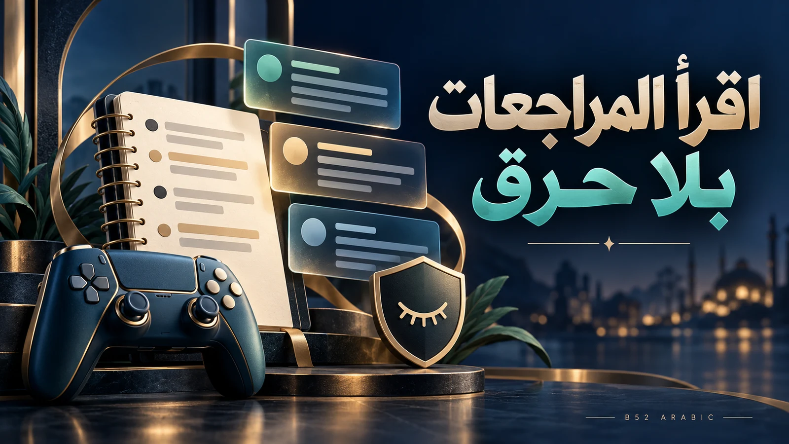 رسم B52 ليد تحكم ودفتر وبطاقات مراجعة، بعنوان اقرأ المراجعات بلا حرق
