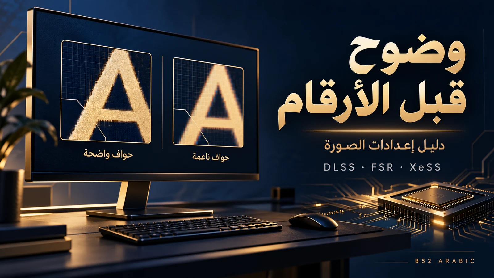 رسم B52 توضيحي يقارن حواف حرف واضحة وناعمة على شاشة، بعنوان وضوح قبل الأرقام