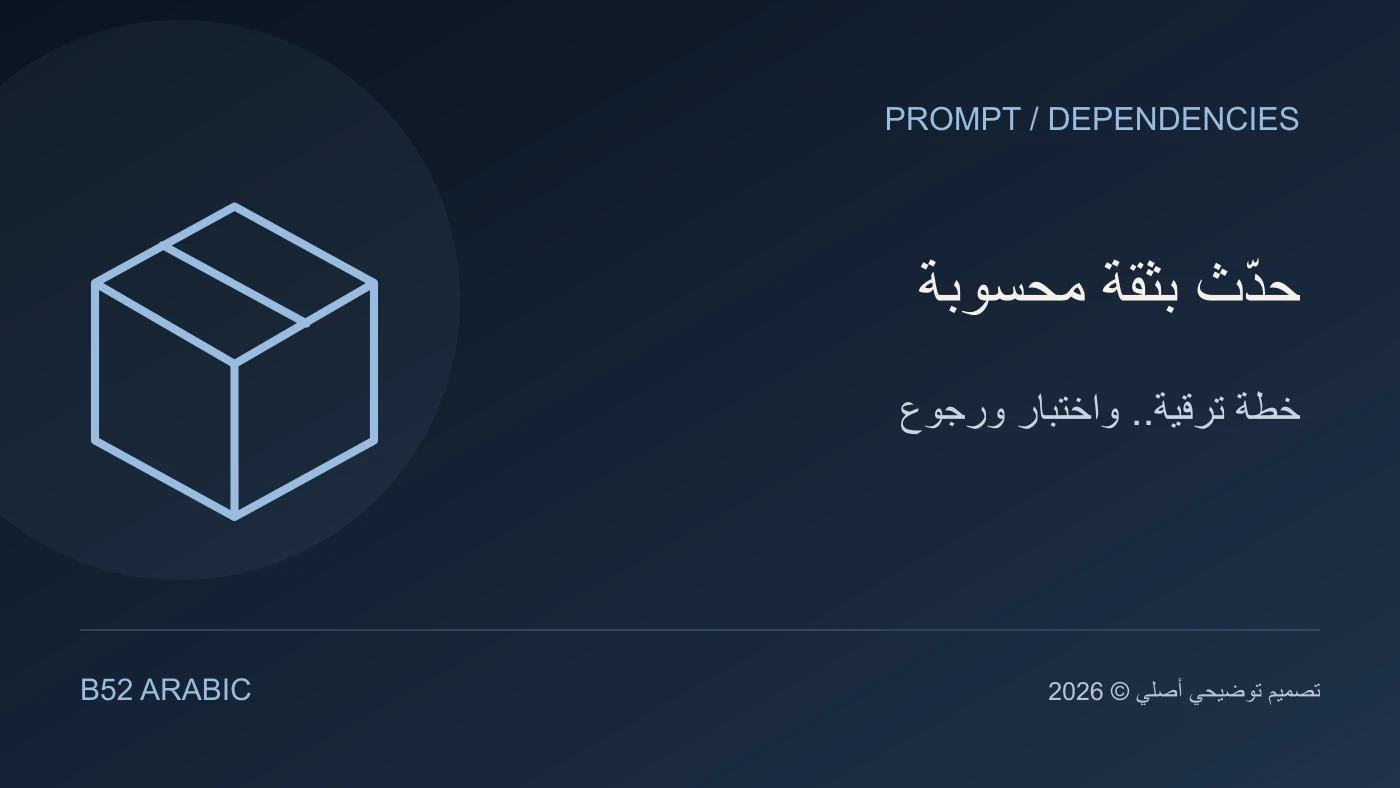 تصميم B52 توضيحي: حدّث بثقة محسوبة — خطة ترقية.. واختبار ورجوع