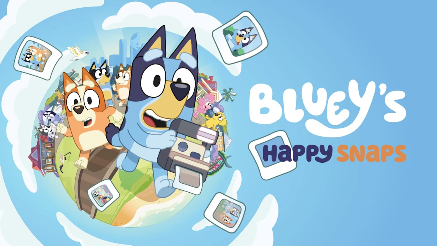 الرسم الترويجي الرسمي لـBluey’s Happy Snaps وشخصياتها وكاميرتها
